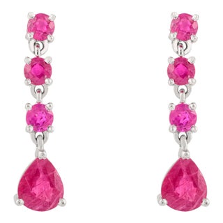 Round Ruby Gemstone Dangle Earrings in 14k Solid White Gold - 2 Pieces For Sale