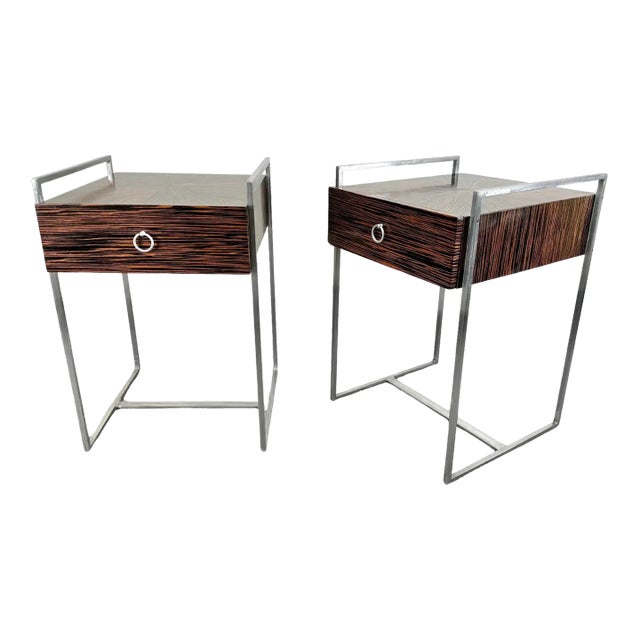 Mid-Century Modern Macassar Zebra Design & Iron Nightstand or End Table, a Pair For Sale