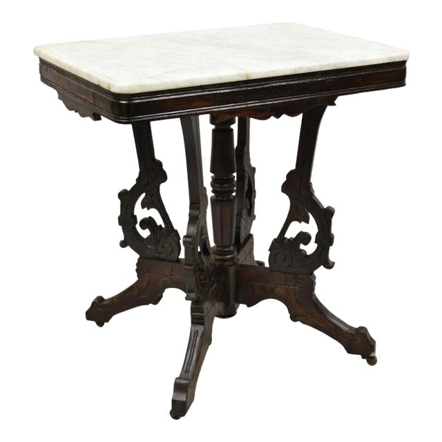 Antique Eastlake Victorian Marble Top Walnut Parlor Accent Side Table For Sale