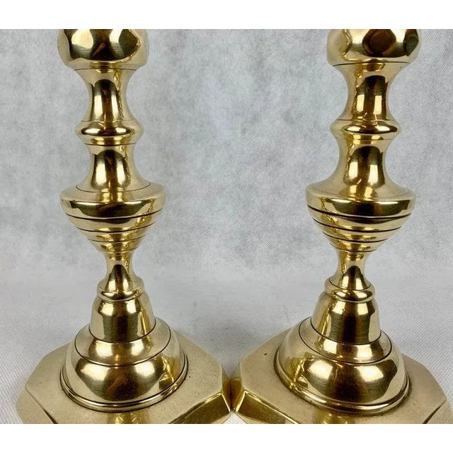 English Pair of Antique English Georgian Brass Beehive and Diamond Push-Up Candlesticks For Sale - Image 3 of 8