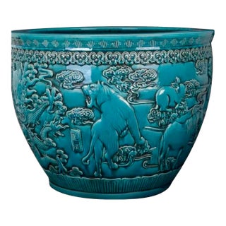 Hand-Carved Turquoise Chinese Zodiac Planter Large 21ʺ Jardinière From Jingdezhen For Sale