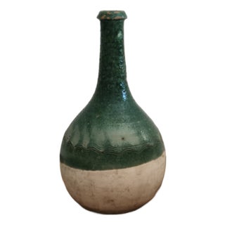 Rustic Green Enameled Terracotta Bottle, 1890s For Sale