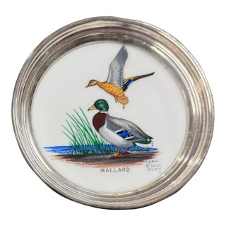Vintage Hand Painted Porcelain Mallard Duck Sterling Rimmed Coaster Hunt For Sale