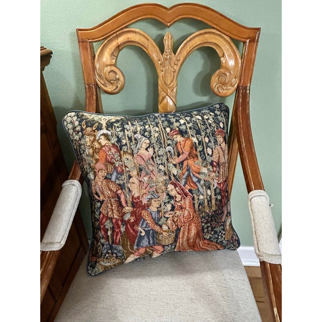 Vintage English Medieval Millefleurs Tapestry 19.5”Pillow “Courtly Garden Scene” Made in England - With Down Insert For Sale - Image 4 of 10