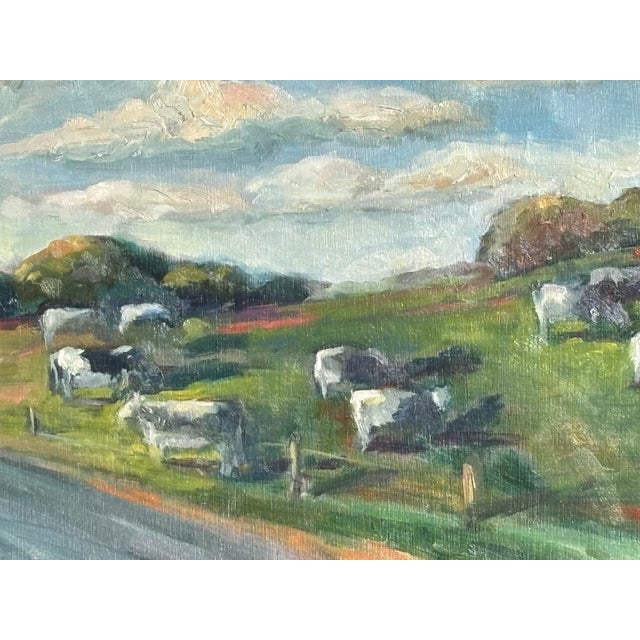 Dairy Cows - Mid 20th C. Farm Landscape - Original Oil on Board in Period Frame For Sale - Image 4 of 6