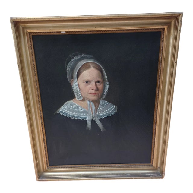 Antique Framed Oil on Canvas Portrait Painting of Woman in Bonnet For Sale
