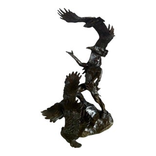 Monumental Bronze Sculpture of Native Warrior and Eagles, Dynamic Art For Sale