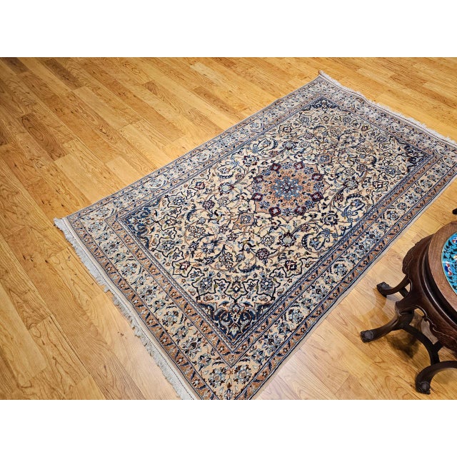 1900 - 1909 Vintage Persian Nain Area Rug, Hand-Knotted Wool & Silk, Floral Pattern, 4x7, Ivory & Blue For Sale - Image 5 of 17