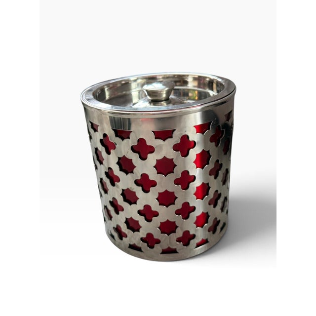 Vintage Cynthia Rowley Chrome & Red Lattice Ice Bucket For Sale - Image 4 of 7