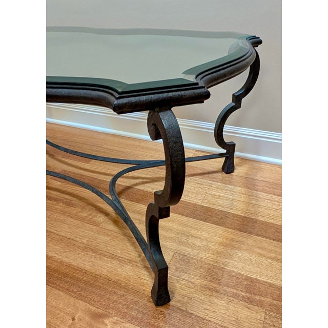 Hand Forged Iron Scroll Leg Cocktail Table With Beveled Glass Top For Sale - Image 4 of 6