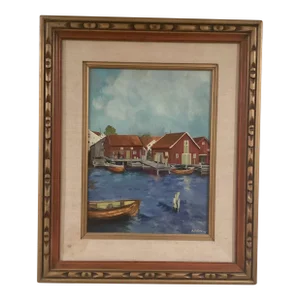 Vintage Framed Original Oil Painting of Boats in the Harbor Signed by Artist Circa 1975