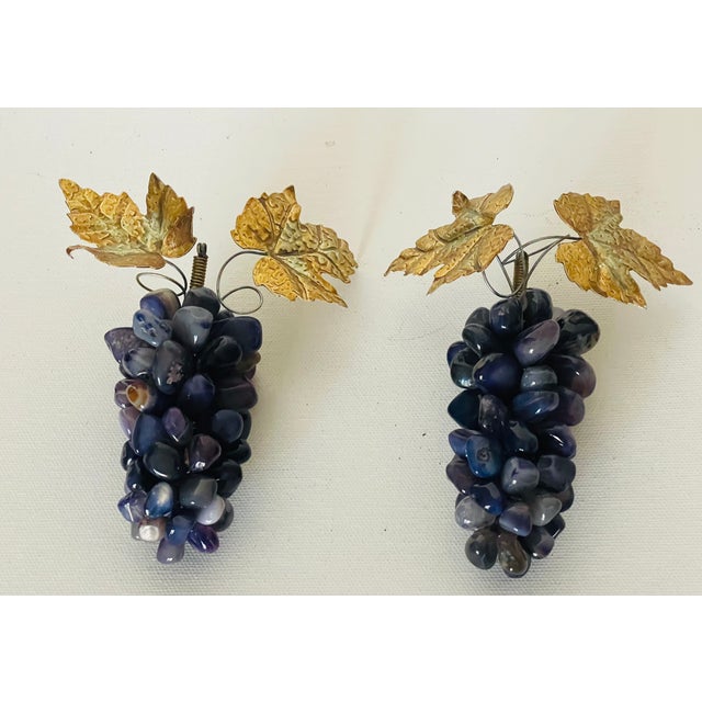 Pair of beautiful deep purple colour Brazilian amethyst semiprecious polished stone grape vine clusters with gold wash...