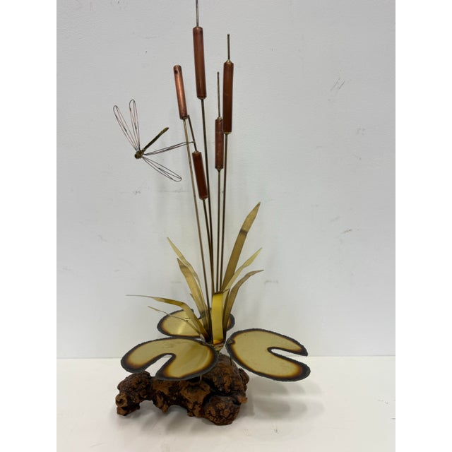 Curtis Jere Vintage Brass Cattails and Dragonfly Sculpture With Driftwood Base 1960s For Sale - Image 4 of 11