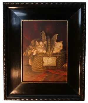 Gabor Kettinger, Three Kittens in a Basket, Late 20th Century, Oil on Wood, Framed