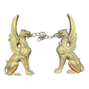 Pair of Solid Brass or Bronze Golden Winged Griffins With Chain Wall Plaque 11.5"x6"x1.25" (Total Length With Chain: 22")