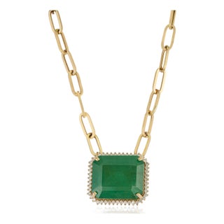 18.82ct Octagon Emerald & Diamond Halo Pendant Necklace With Paperclip Chain For Sale