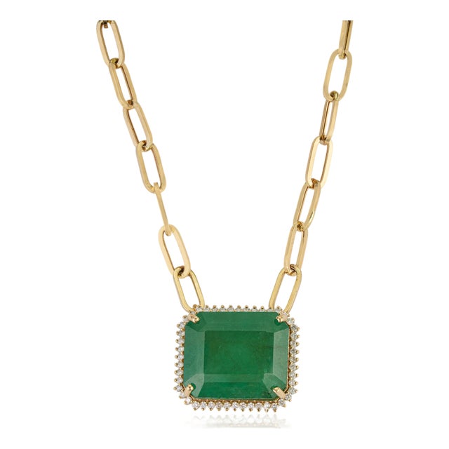 18.82ct Octagon Emerald & Diamond Halo Pendant Necklace With Paperclip Chain For Sale