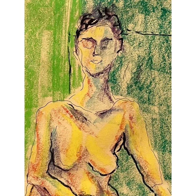 This artwork features a nude woman seating on the ground with a green background behind her. The woman's large eyes imbue...
