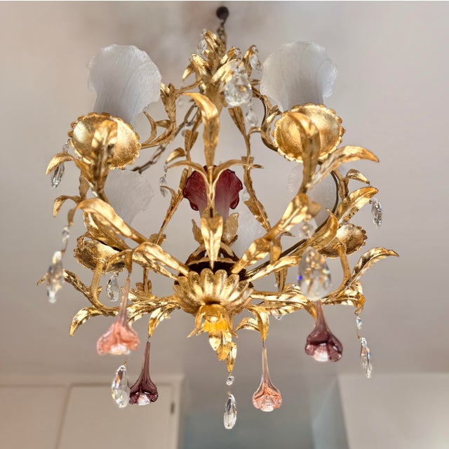1950s Florentine Hand Gilt 6 Light Vintage Toleware Chandelier With Shades, Crystals and Floral Glass Drops For Sale - Image 4 of 8