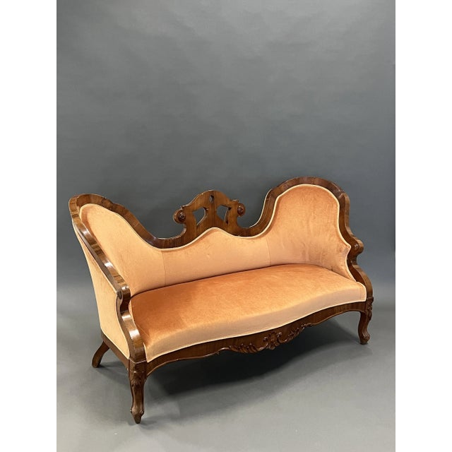 Antique Wood and Velvet Sofa For Sale - Image 6 of 6