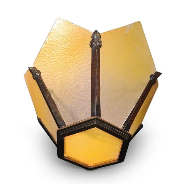Vintage Art Deco Brass Crown-Shaped Pendant Light with Yellow Frosted Glass Panes For Sale - Image 3 of 7