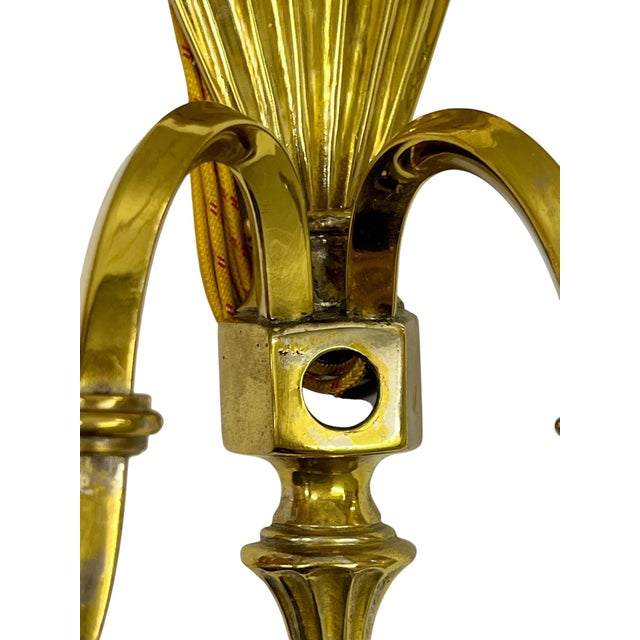 Vintage Pair of Brass & Copper Neoclassical Double-Arm Wall Sconces With Pleated Silk Shades For Sale - Image 14 of 18