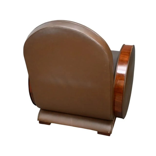 1970s 1970s Art Deco Style Brown Leather and Walnut Arm Chair For Sale - Image 5 of 5