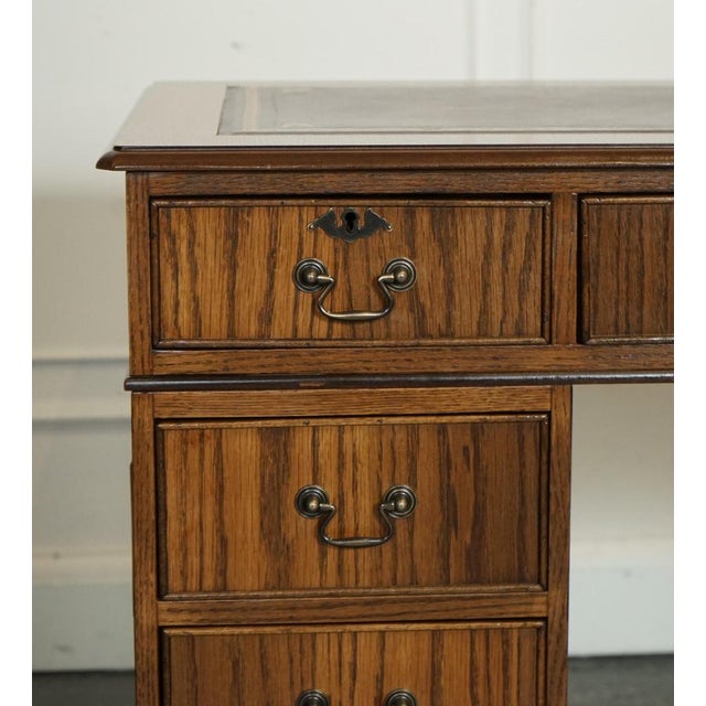 Brown Vintage Oak Office Pedestal Desk in Brown Leather Top For Sale - Image 8 of 17
