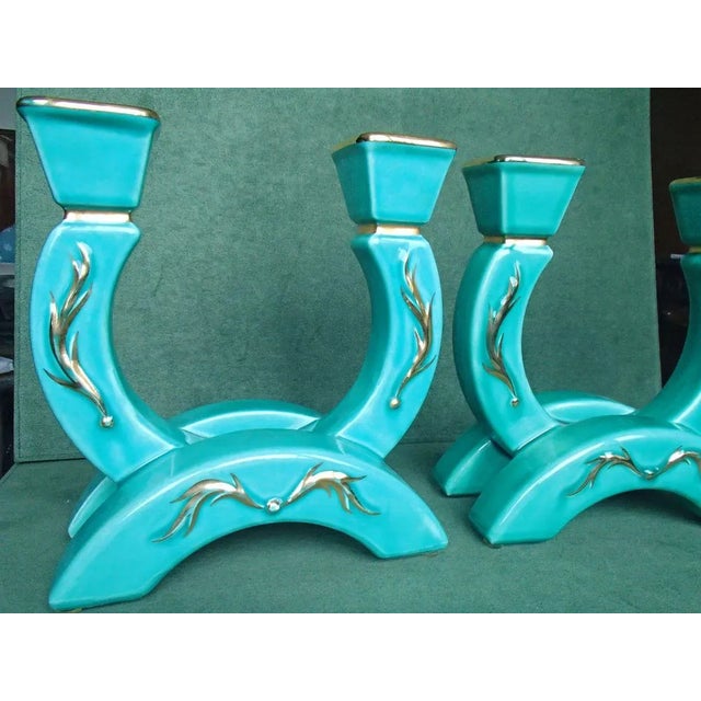 1930s Turquoise Ceramic Candleholders with Gold Vines, 1930s, Set of 2 For Sale - Image 5 of 18