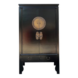 Chinese Oriental Black Moon Face Tall Wedding Armoire Wardrobe Cabinet For Sale
