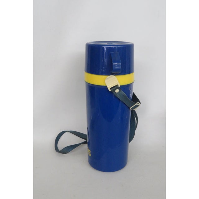 1970s Mr Peanut Aladdin Blue Yellow Plastic Thermos Travel Mug With Strap 5120b For Sale In Miami - Image 6 of 17