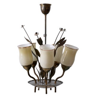 Scandinavian Brass and Opal Glass Ceiling Lamp, 1950s For Sale