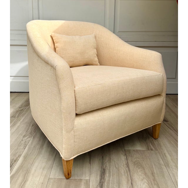 Pair of Vintage Curved Barrel Chairs in Pale Apricot Linen Blend For Sale - Image 16 of 16