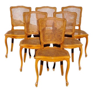 French Provincial Louis XV Style Cane and Cherrywood Dining Chairs, Set of 6 For Sale