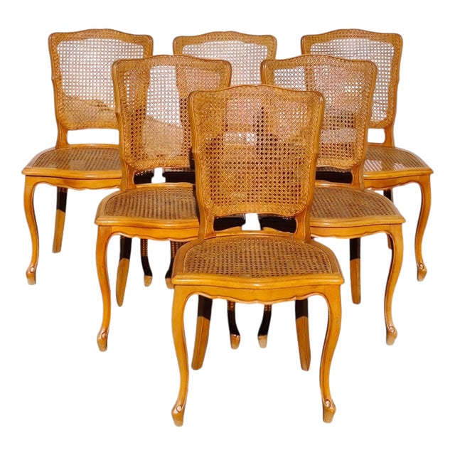 French Provincial Louis XV Style Cane and Cherrywood Dining Chairs, Set of 6 For Sale