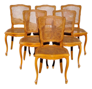 French Provincial Louis XV Style Cane and Cherrywood Dining Chairs, Set of 6