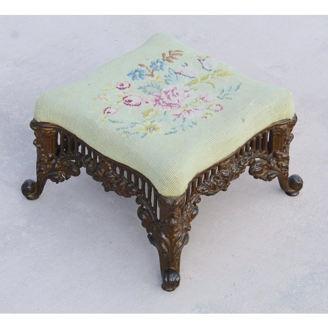 French Provincial Vintage 1940s Rococo Revival Gilt Cast Iron Footstool With Floral Needlepoint Cushion For Sale - Image 3 of 13