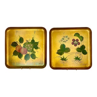 Mid-Century Vintage Tole-Style Gold Leaf Hand-Painted Bar Trays/Display Plates- a Pair For Sale