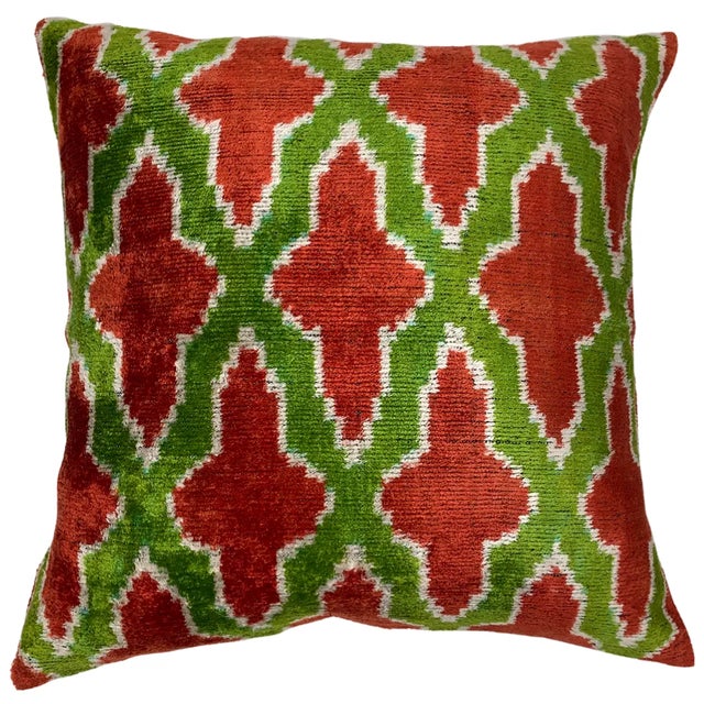 Modern Contemporary Turkish Green & Red Colors Velvet Silk Ikat Pillow For Sale - Image 3 of 3