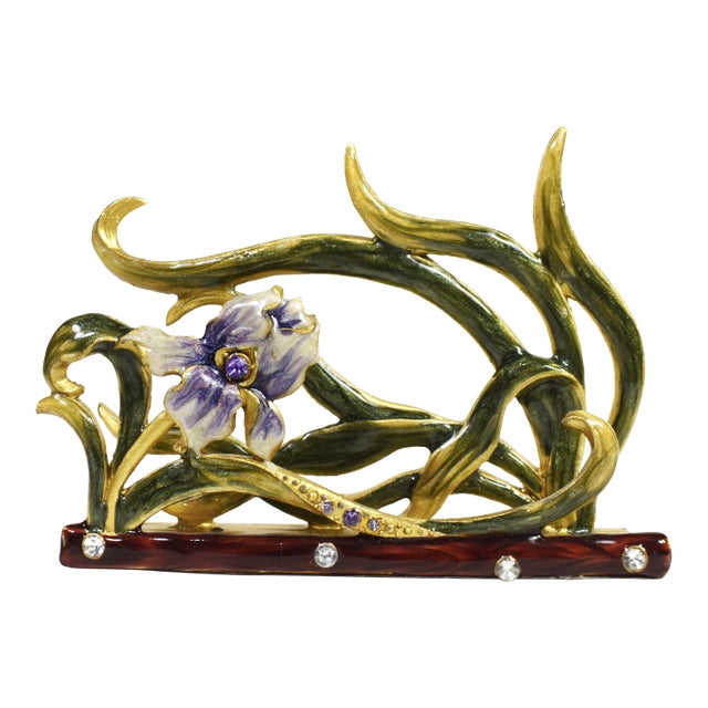 Vintage Enamel Rhinestones Flower Brass Desktop Business Card Holder For Sale