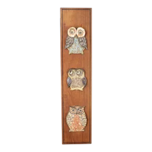 Mid Century Vintage Owl Folk Art Pottery & Wood Plaque Signed Spielman 1969