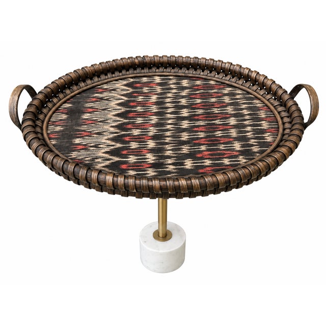 Large vintage Palecek oval serving/ottoman tray featuring a substantial dark-stained woven rattan frame, wrapped handles,...
