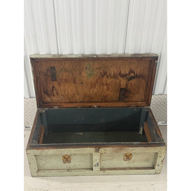 Antique Painted Wood Trunk With American Eagle Decals, Chippy Sage Green For Sale - Image 4 of 6