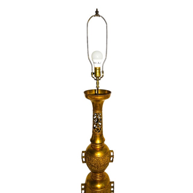 1950s Hollywood Regency James Mont Attributed Asian Brass Table Lamp For Sale - Image 9 of 11