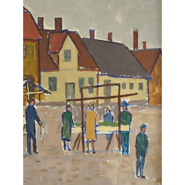 1957 Mid-Century Modern 'Market Day in the Square' Vintage Original Street Scene Landscape Oil Painting, Framed For Sale - Image 10 of 12