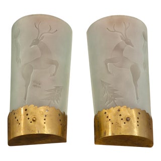 Wall Scones in Etched Glass Decor by Glössner, 1890s, Set of 2 For Sale