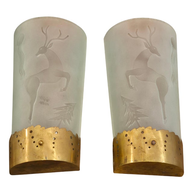 Wall Scones in Etched Glass Decor by Glössner, 1890s, Set of 2 For Sale