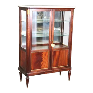 Petite Lighted French Flame Mahogany Louis XVI Directoire Vitrine Marble Top