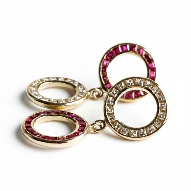 14k Yellow Gold Ruby and Diamond Circle Drop Earrings, 0.65ct, Pair For Sale - Image 4 of 7