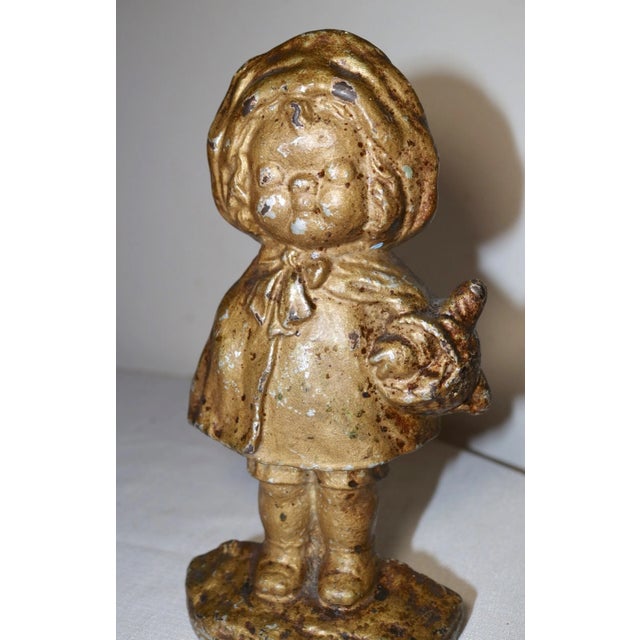 Figurative Rare Antique Late 1800's Solid Cast Iron Girl With Basket Heavy Figural Doorstop For Sale - Image 3 of 12